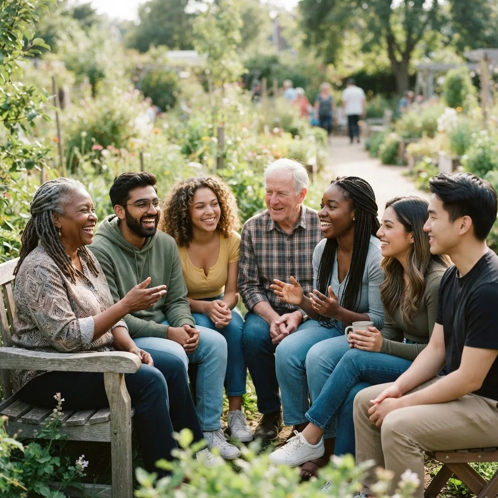 Portrait-style photo of a diverse group of people of varying ages and ethnicities engaged in a relaxed, positive group conversation