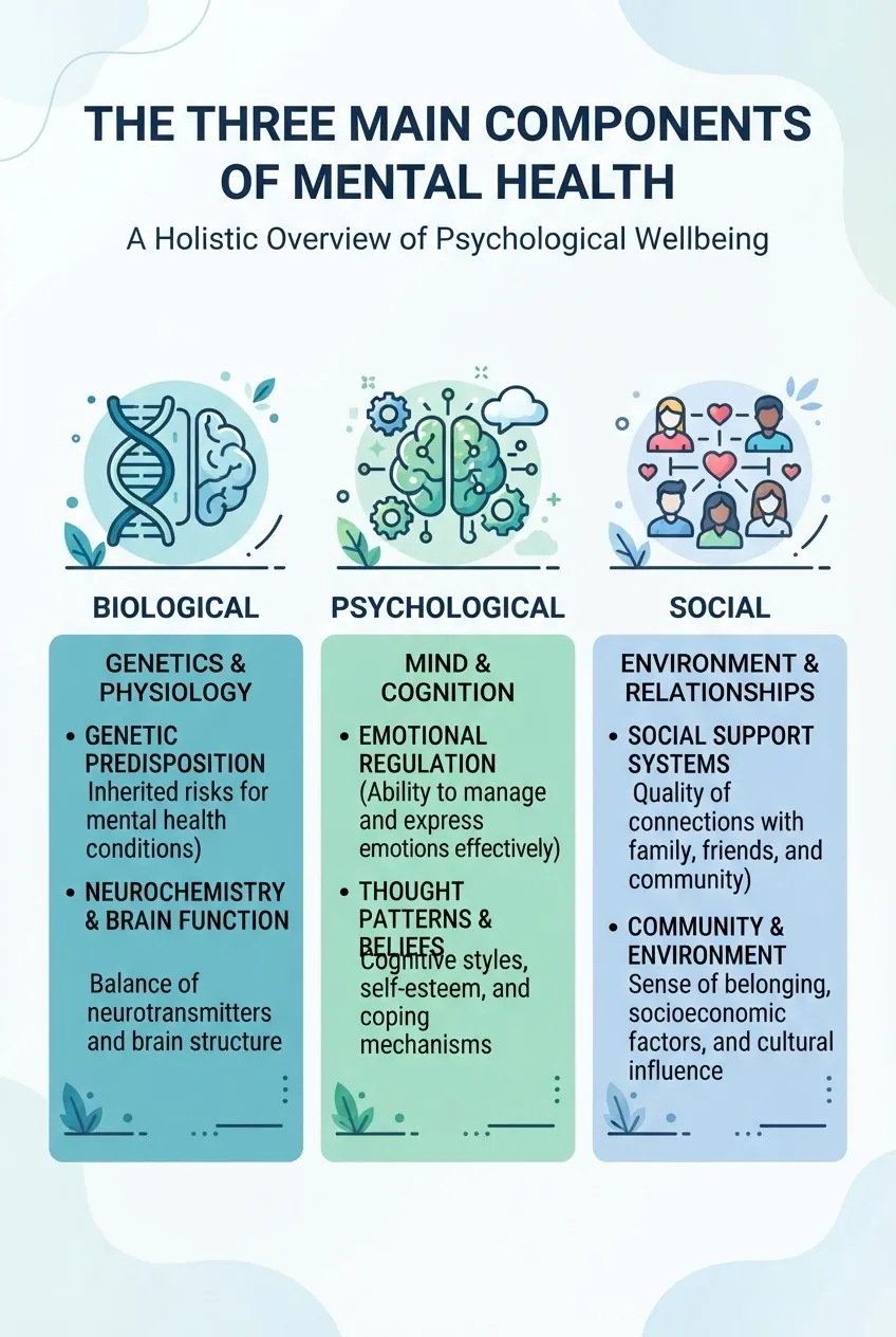 A clean infographic illustrating three main mental health components arranged horizontally: biological (icon: DNA helix), psychological