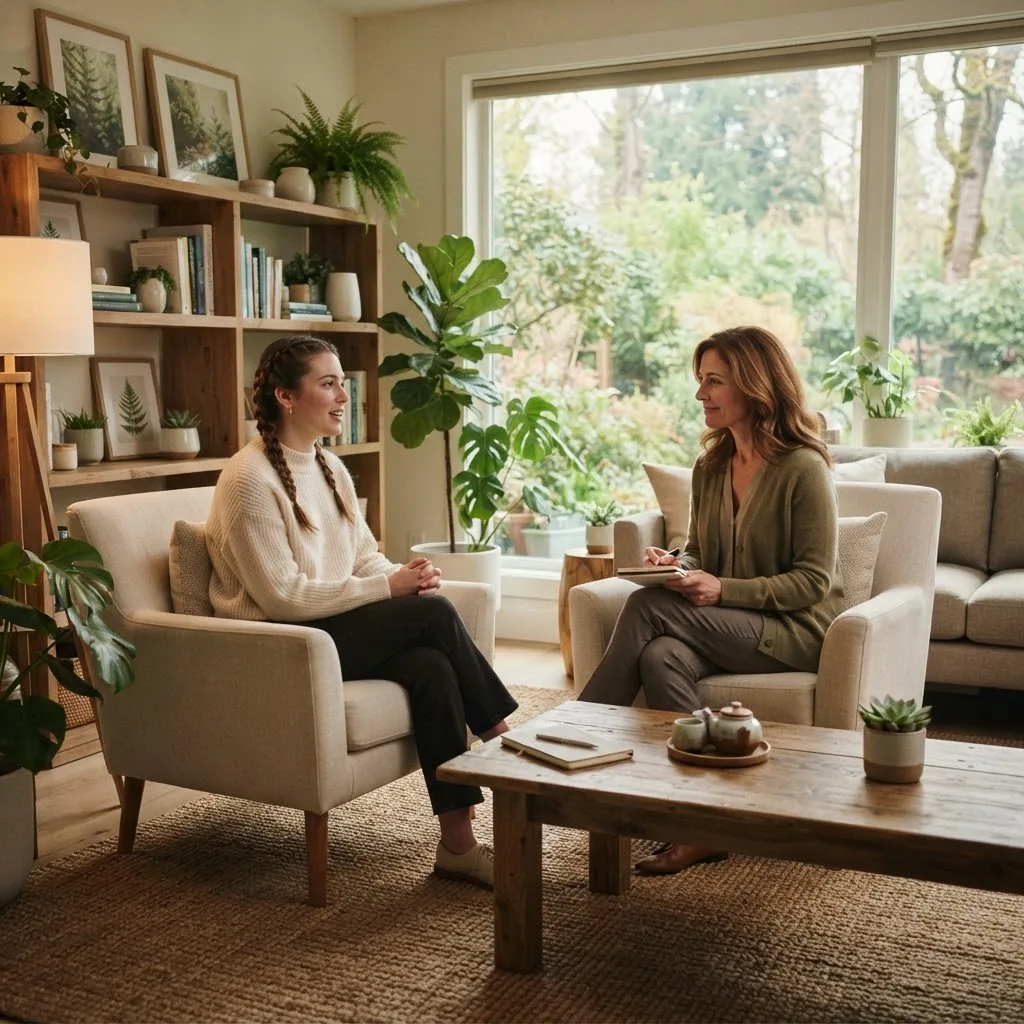 A calm and comforting mental health therapy session showing a psychiatrist and patient in a peaceful office with natural light, plants, and