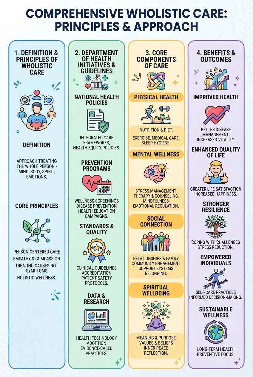 with four vertical sections showing: 1) Definition and principles of wholistic care, 2) Department of Health initiatives and guidelines