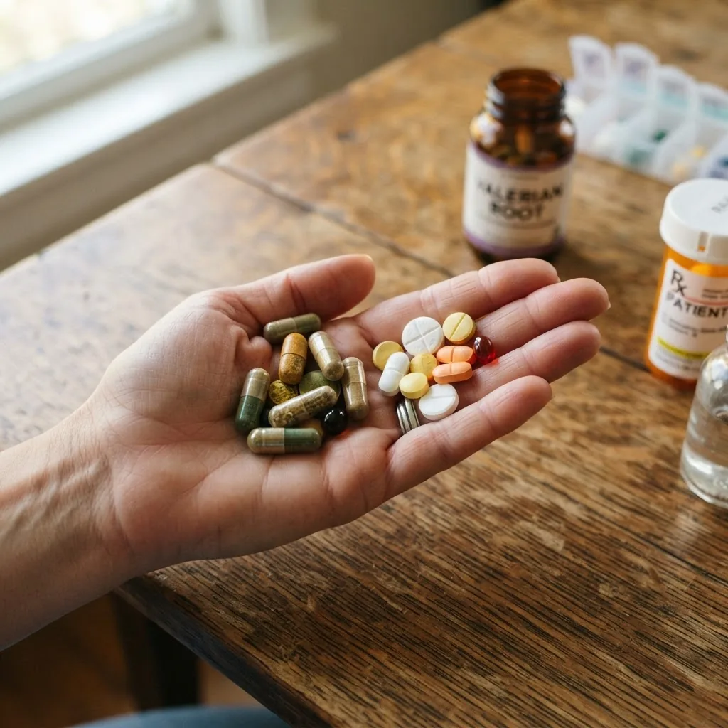 Close-up of a hand holding various herbal supplements and prescription pills side by side on a wooden table, symbolizing the potential