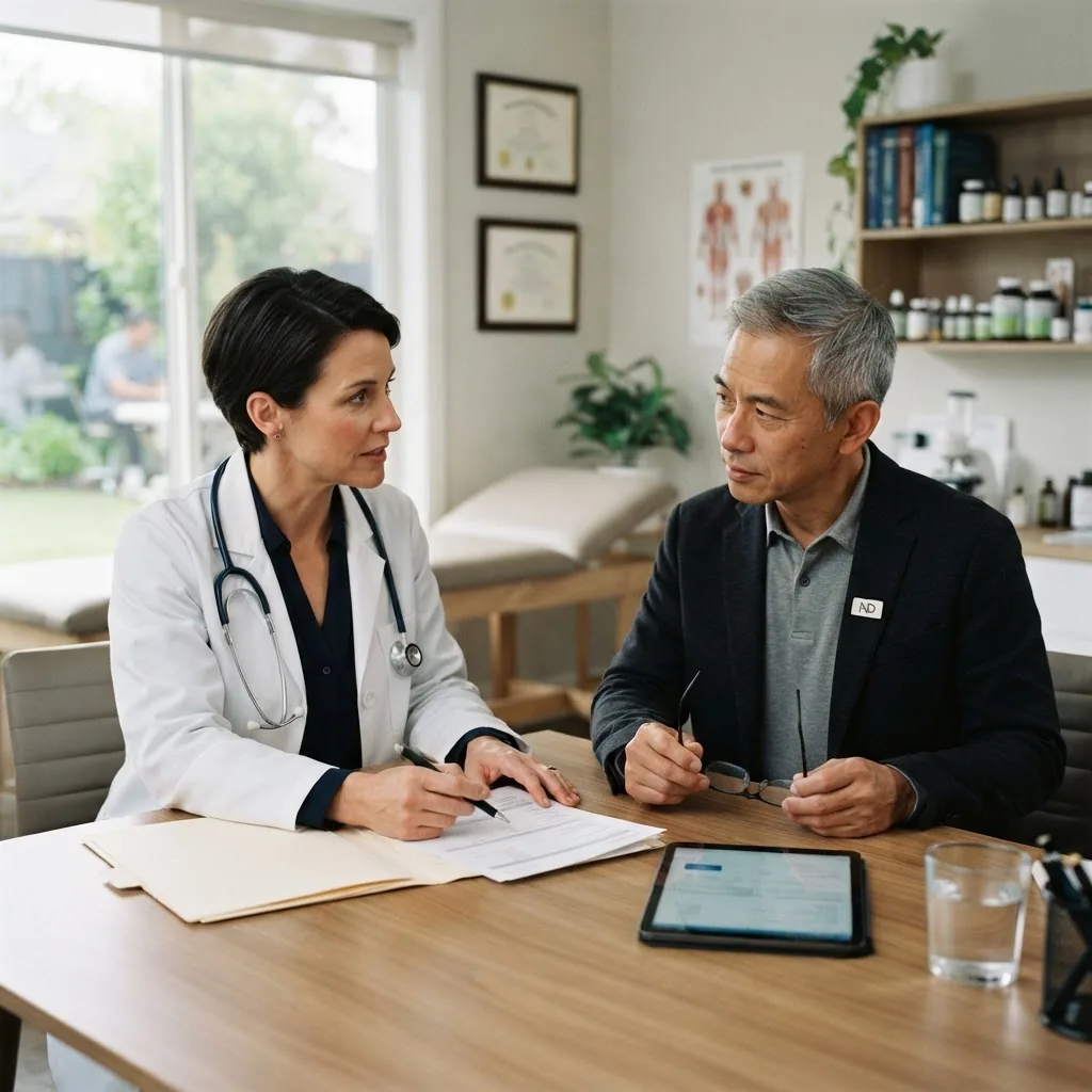 A modern clinical setting showing a serious conversation between a medical doctor and a naturopath, with a focus on their respectful but