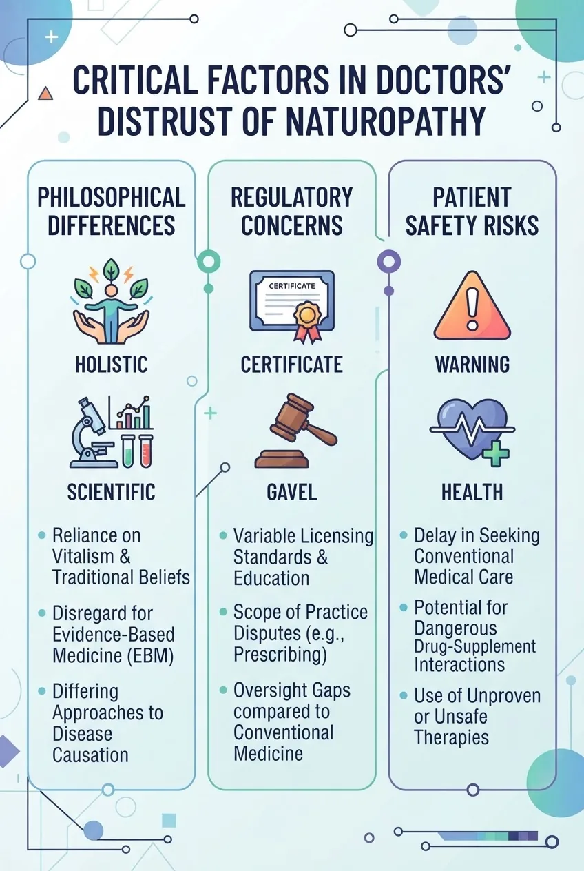 shows a three-column layout: first column titled "Philosophical Differences" with icons for holistic vs scientific and 2–3 short bullet