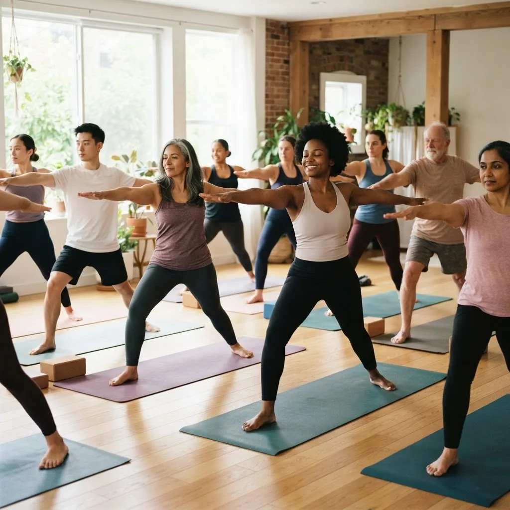 a diverse group of people engaging in a gentle yoga class indoors, emphasizing physical activity as a self care practice supporting mental