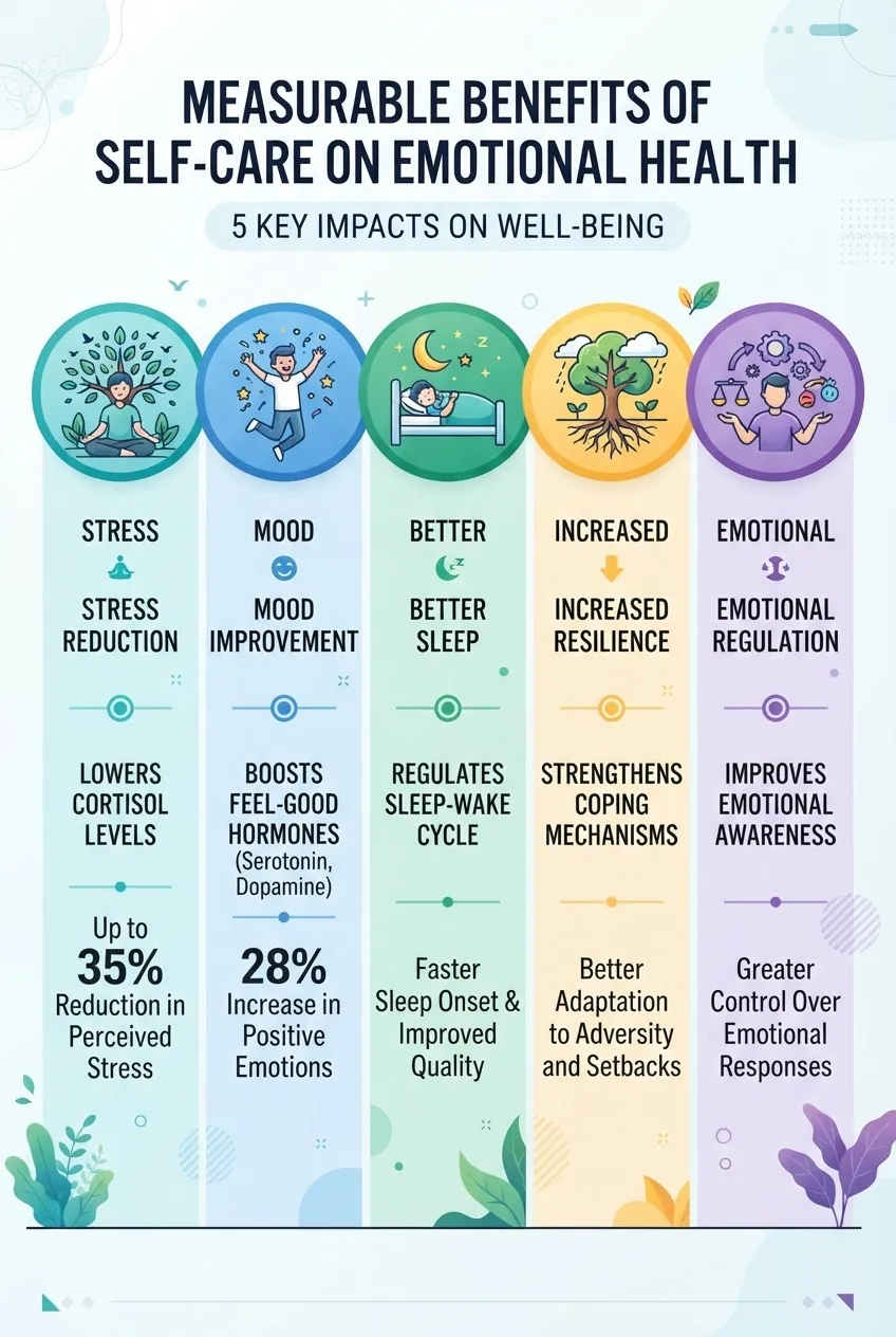 with five columns, each featuring an icon and a short stat or fact: stress reduction, mood improvement, better sleep, increased resilience,